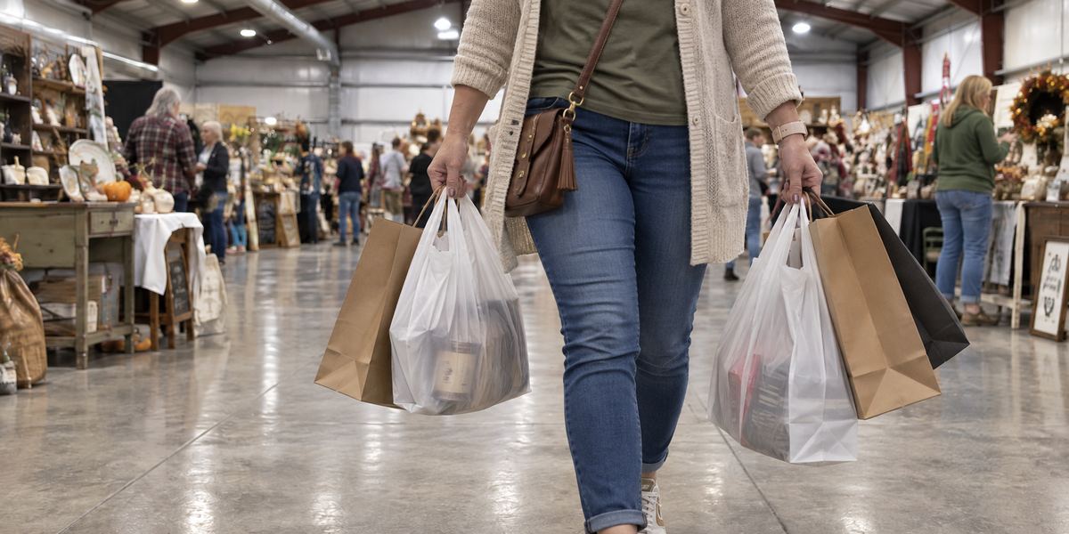 Shopper carrying bags of handmade goods at a Finley Bee at the Fairgrounds market, Bedford PA